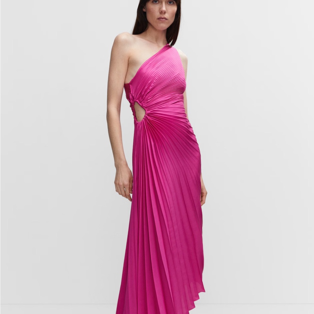 Mango Claudia Asymmetrical Pleated Dress in Fuchsia